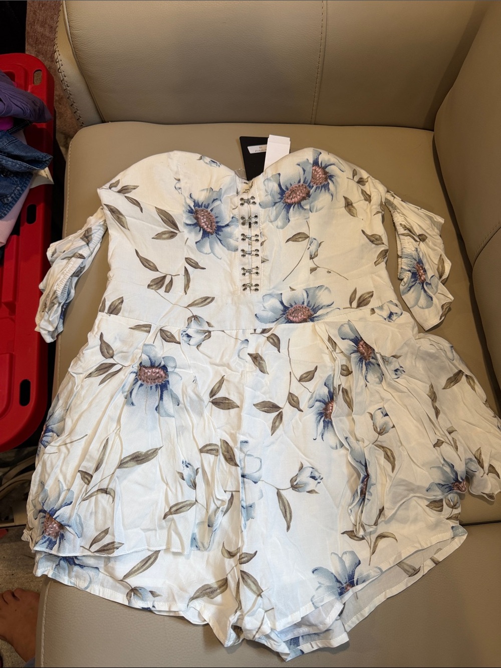 LF White Floral Strapless Romper with Blue Flowers